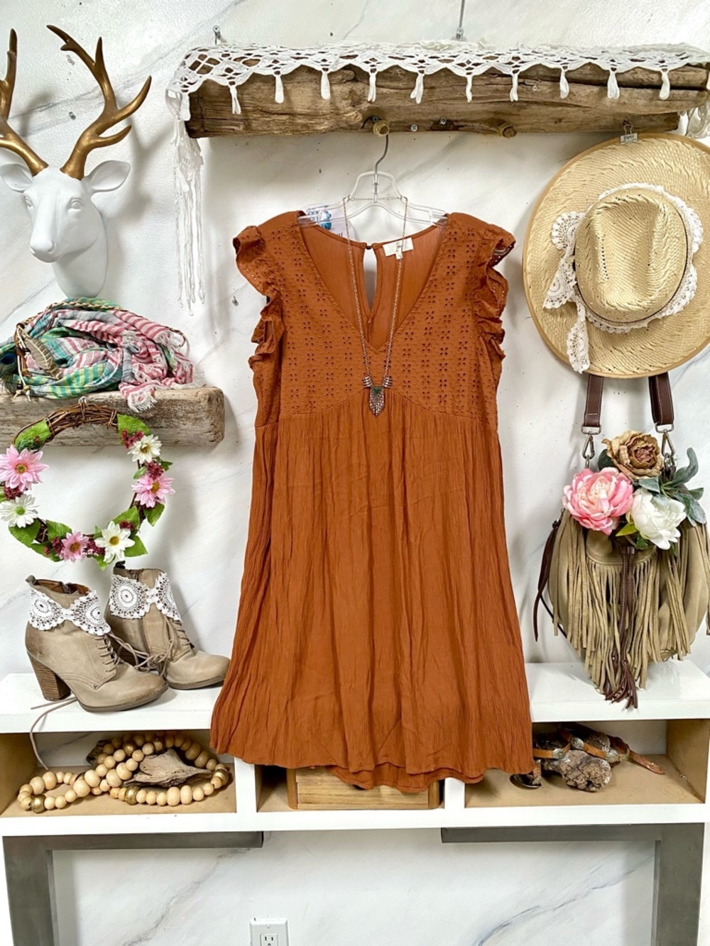 Eyelit farmhouse/cottagecore boho dress w ruffles shabby chic dress prairie vibe
